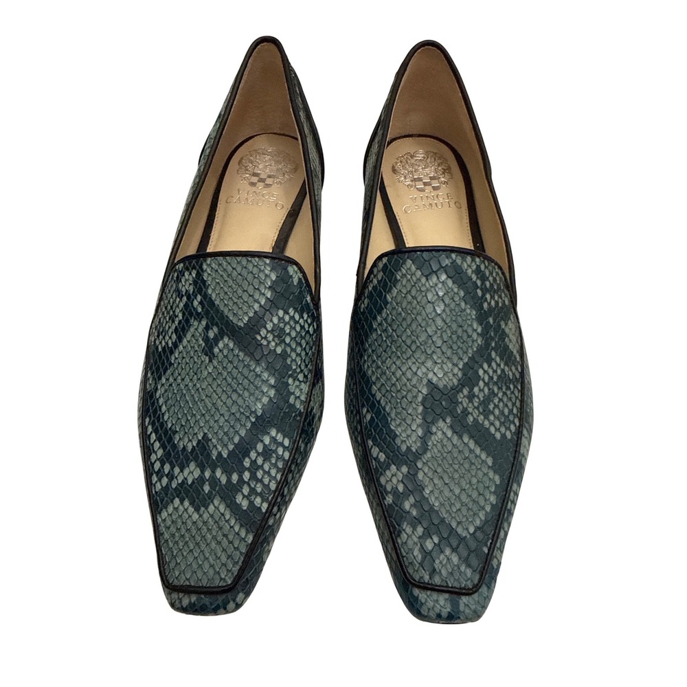 Vince Camuto Snakeskin Loafers Square Toe Flats Green Black Womens 7.5M